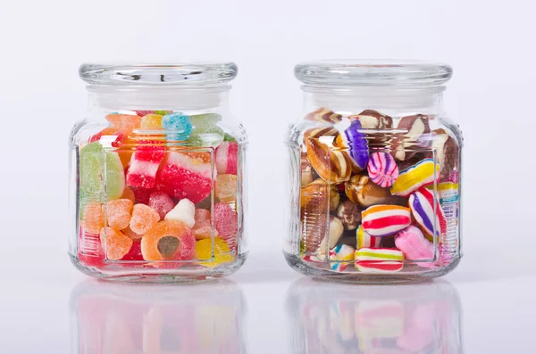 Close View Colorful Candies Variety Glass Jars — Stock Photo, Image