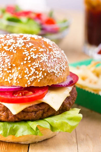 Vista Cerca Sabrosa Hamburguesa Papas Fritas — Foto de Stock