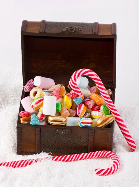 Close View Colorful Candies Variety Wooden Trunk — Stock Photo, Image