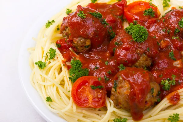 Närbild Bild Italiensk Pasta Med Kött Och Tomater — Stockfoto