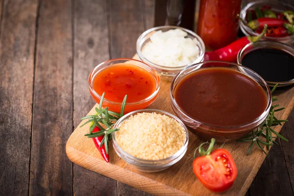 Close View Different Sauces Wooden Surface — Stock Photo, Image