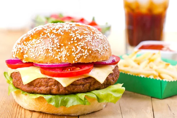 Close Van Smakelijke Hamburger Frietjes — Stockfoto