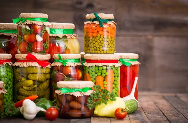 Close View Food Arranged Glass Jars Wooden Background — Stock Photo, Image