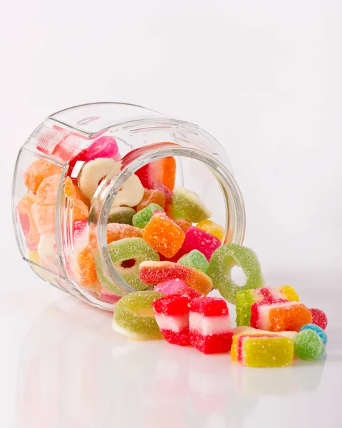 Close View Colorful Candies Variety Glass Jar White Backdrop — Stock Photo, Image