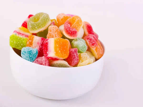 Close View Colorful Candies Variety Bowl White Background — Stock Photo, Image