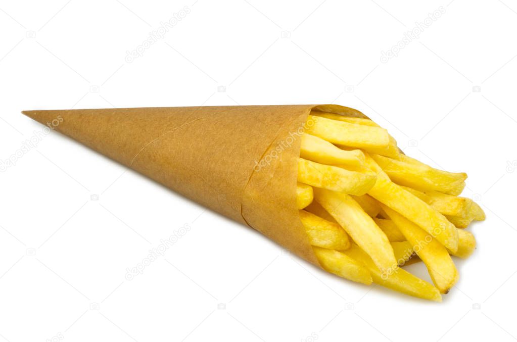 close up view of french fries in craft paper on white background