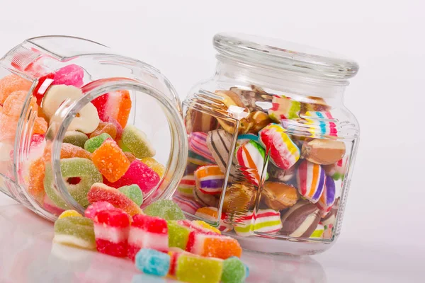 Close View Colorful Candies Variety Glass Jars — Stock Photo, Image