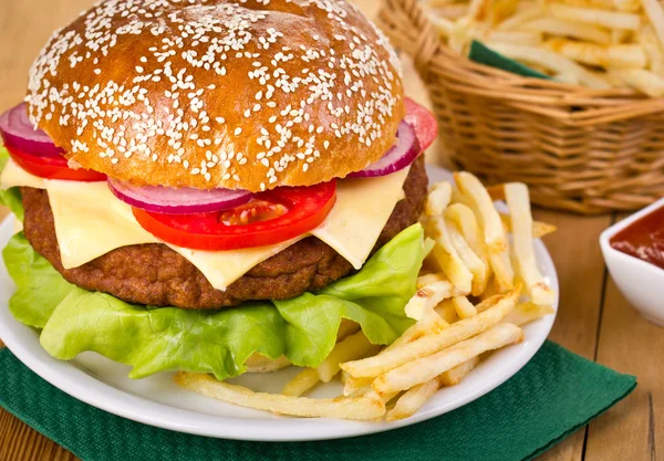 Close Van Smakelijke Hamburger Frietjes — Stockfoto