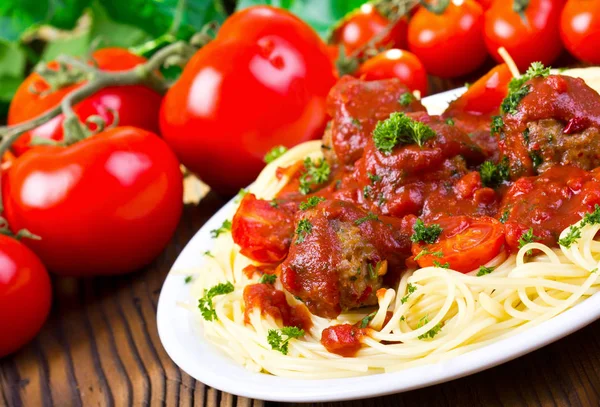 Närbild Bild Italiensk Pasta Med Kött Och Tomater — Stockfoto