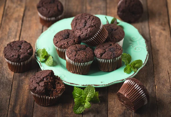 Close Van Chocolade Muffins Houten Achtergrond — Stockfoto