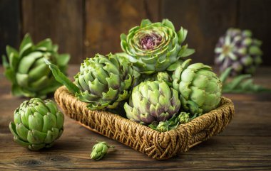 Tahta masadaki taze ve çiğ enginar.