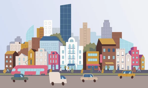 şehir silueti ve yolda arabalar, vektör illüstrasyon