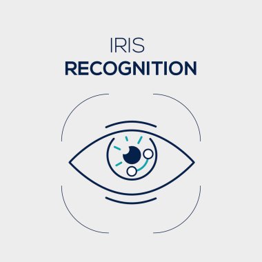 Iris tanıma. Düz vektör doğrusal simgesi. Mavi ve koyu mavi renkler 