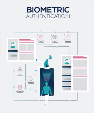 Farklı teknolojiler kullanarak onu tanıyan telefon kullanan adam. Etrafında veri çoğu - avatarlar, simgeler, biyografiler. Biyometrik kimlik doğrulama kullanma kavramı. Düz vektör çizimi 