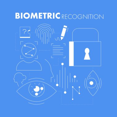 Biyometrik tanıma öğeleri mavi arka plan üzerinde üst kelime ile desen. Düz stilde doğrusal anahat stil kompozisyonu. Vektör illüstrasyon - Vektör