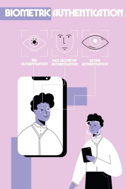 Adam yüzünü tanımak için telefonu kullanır. Yüz tanımlama teknolojisi kavramını kullanarak. Arka planda biyometrik kimlik doğrulama simgeleri. Düz vektör çizimi 