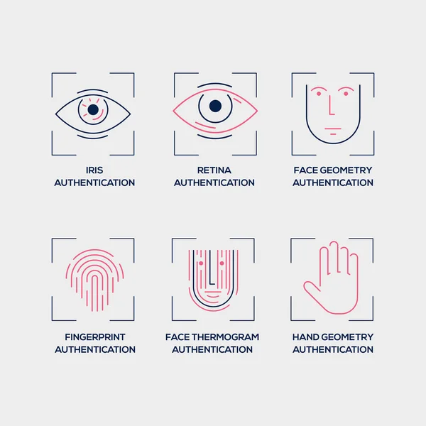 Biyometrik kimlik doğrulamanın statik ve dinamik yöntemleri - açık gri arka plan üzerinde açıklamalar içeren düz vektör anahat simgelerinin toplanması