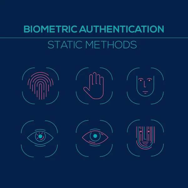 Statik biyometrik kimlik doğrulama yöntemleri - koyu mavi arka plan üzerinde düz vektör anahat simgelerinin toplanması