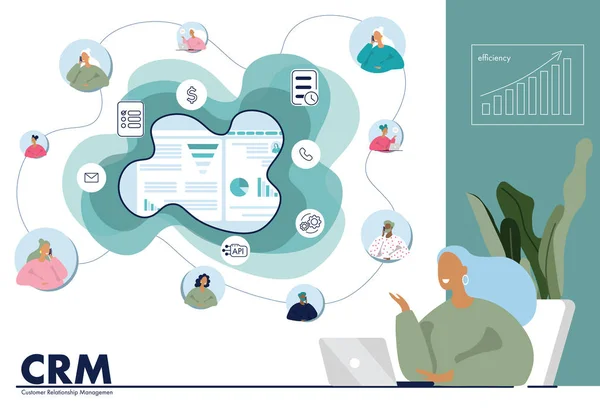 Yönetici kadın büyüyen ve ölçeklendirme iş için Crm kullanır. Düz vektör çizimi 