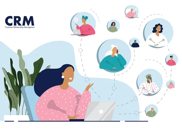 Yönetici kadın büyüyen ve ölçeklendirme iş için Crm kullanır. Düz vektör çizimi