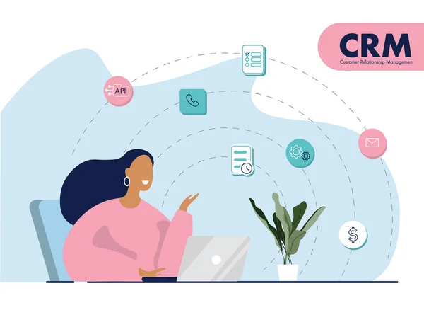 Yönetici kadın büyüyen ve ölçeklendirme iş için Crm kullanır. Düz vektör çizimi