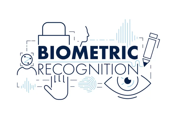 Biyometrik tanıma elemanları ortadaki sözcük ile desen. Düz stilde doğrusal anahat stil kompozisyonu. Vektör çizimi