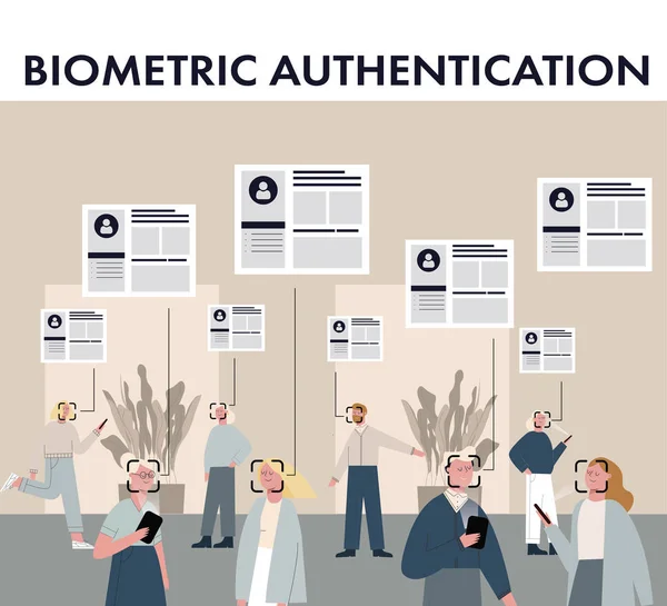 Sokaktaki insan kalabalığı yüz kimlik doğrulama teknolojisi ile tanınıyor. Herkes hakkında bilgi. Düz vektör çizimi