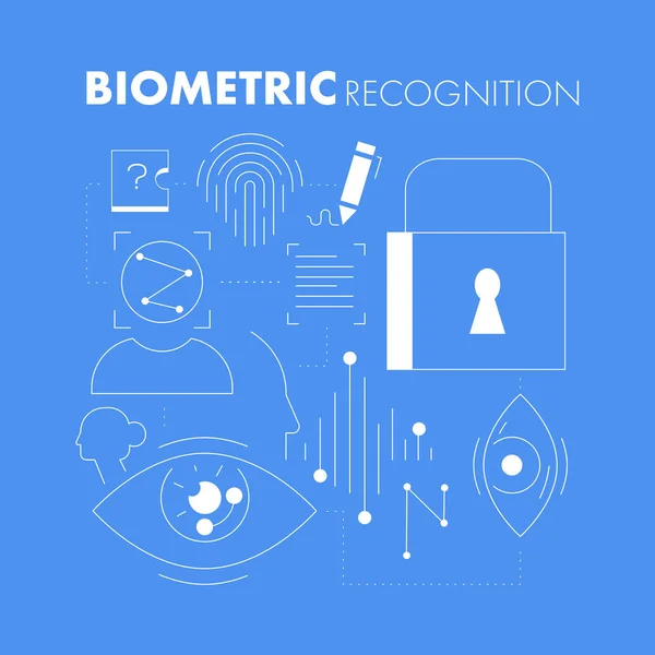 Biyometrik tanıma öğeleri mavi arka plan üzerinde üst kelime ile desen. Düz stilde doğrusal anahat stil kompozisyonu. Vektör illüstrasyon - Vektör