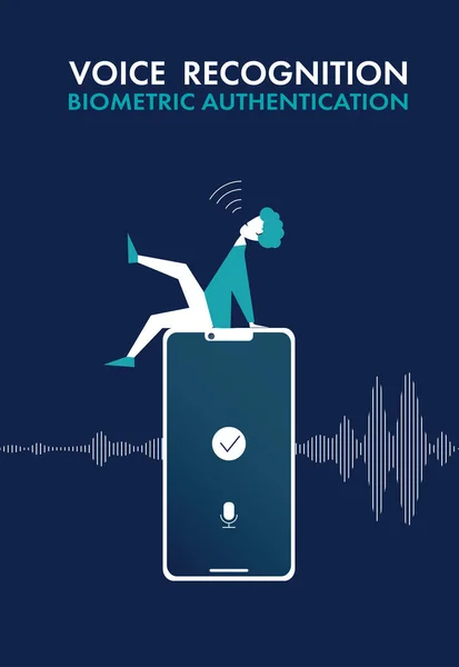 Telefonun yanında yatan ve sesi tanıyan bir adam. Biyometrik kimlik doğrulama kavramı. Düz vektör çizimi