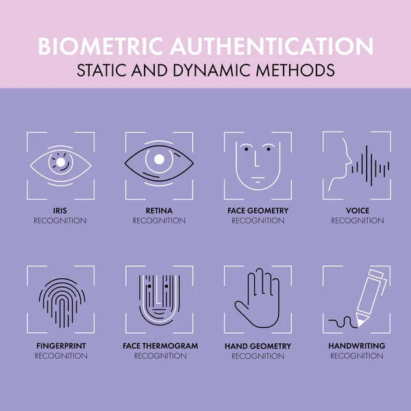 Biyometrik kimlik doğrulamastatik ve dinamik yöntemler - ışık mor arka plan açıklamaları ile düz vektör anahat simgeleri koleksiyonu. Yumuşak renklerde öğeler. Beyaz ve koyu mavi çizgiler 