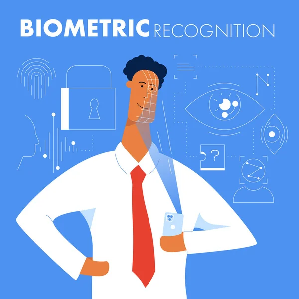 Telefonunda biyometrik tanıma kullanan Afro-Amerikan bir adamla infografik. Yüz kimlik doğrulama teknolojisi kavramını kullanarak. Düz vektör çizimi