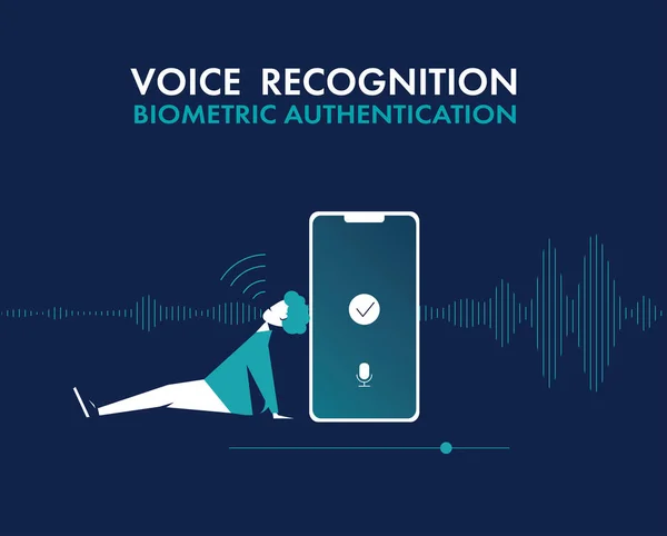 Telefonun yanında yatan ve sesi tanıyan bir adam. Biyometrik kimlik doğrulama kavramı. Düz vektör çizimi