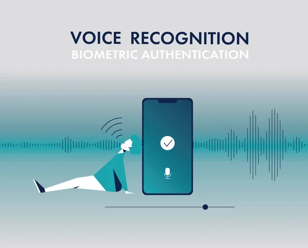 Telefonun yanında yatan ve sesi tanıyan bir adam. Biyometrik kimlik doğrulama kavramı. Düz vektör çizimi