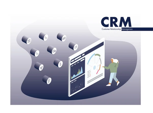 Yönetici kadın büyüyen ve ölçeklendirme iş için Crm kullanır. Düz vektör çizimi