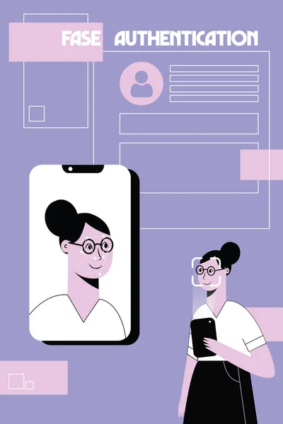 Kadın yüzünü tanımak için telefonu kullanır. Yüz tanımlama teknolojisi kavramını kullanarak. Arka planda biyometrik kimlik doğrulama simgeleri. Düz vektör çizimi
