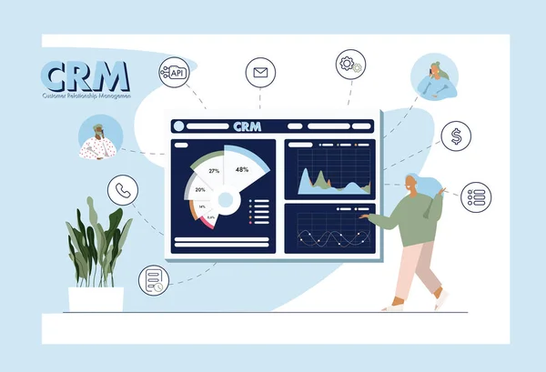 Yönetici kadın büyüyen ve ölçeklendirme iş için Crm kullanır. Düz vektör çizimi 