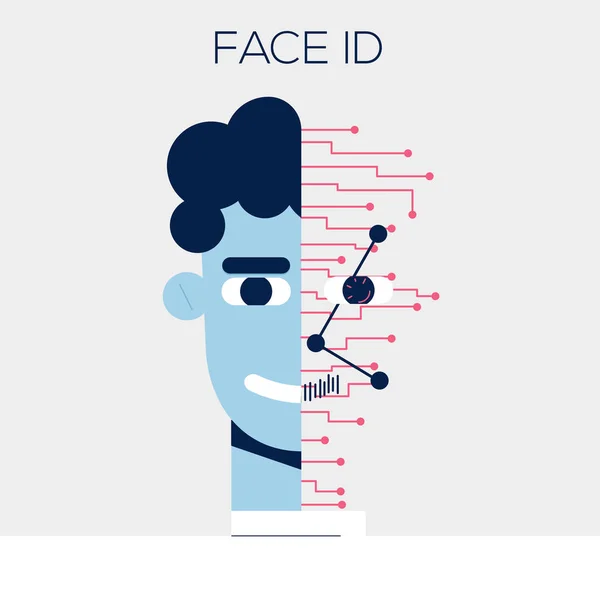 Yüz tanıma sistemini kullanan adamın portresi. Biyometrik kimlik doğrulama sistemi kavramını kullanarak. Düz vektör çizimi