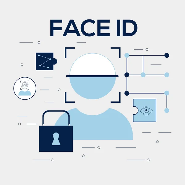 Face Id - biyometrik yüz kimlik doğrulama/tanıma teknolojisi ile ilgili farklı öğelerin deseni. Düz vektör doğrusal illüstrasyon