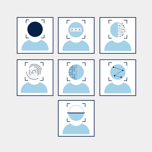 Face Id - yüz teknolojisinin biyometrik olarak tanınması ile ilgili farklı simgelerin toplanması. Düz vektör çizimi