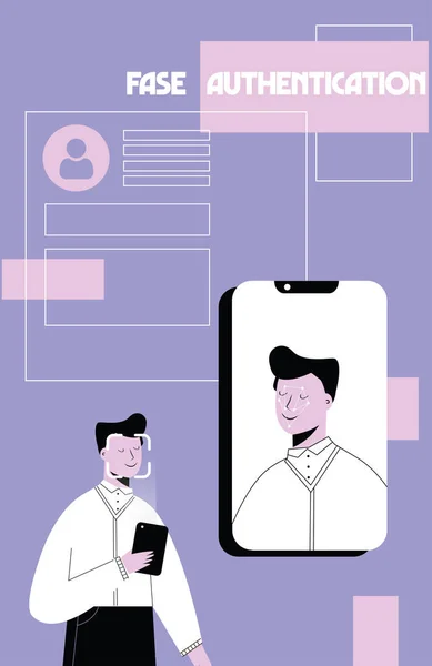 Adam yüzünü tanımak için telefonu kullanır. Yüz tanımlama teknolojisi kavramını kullanarak. Arka planda biyometrik kimlik doğrulama simgeleri. Düz vektör illüstrasyon - Vektör