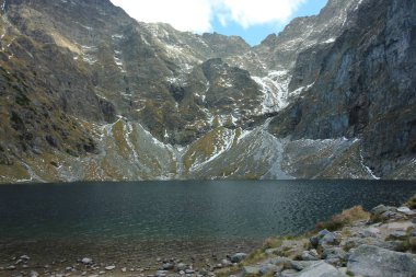 Kara Göl yakınındaki Morskie Oko Gölü, Polonya - 10.06.2018 Dağı Rysy (1,583 m deniz seviyesinden), aşağıda. Bir dağ gölü Dağı Rysy Tatra Dağları'nda Polonya tarafında Czarny have pod Rysami olduğunu.