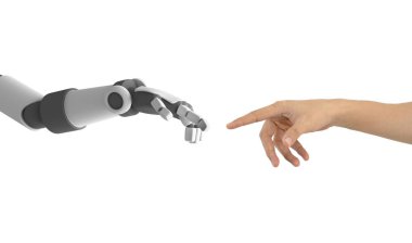 İnsan ve robot el birbirini gösteren beyaz arka planda, yapay zeka fütüristik teknoloji kavramı, 3d illüstrasyon izole
