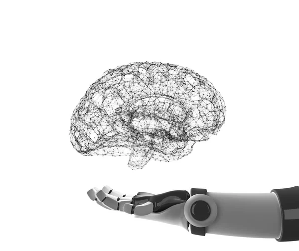 Robot Ręka Trzyma Wirtualne Mózg Białym Tle Sztuczna Inteligencja Koncepcji — Zdjęcie stockowe