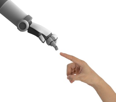 İnsan ve robot el birbirini gösteren beyaz arka planda, yapay zeka fütüristik teknoloji kavramı, 3d illüstrasyon izole