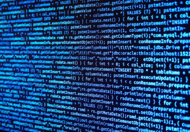 Program bilgisayar veri kodunuz monitör ekranında mavi arka plan üzerinde. 3D çizim.