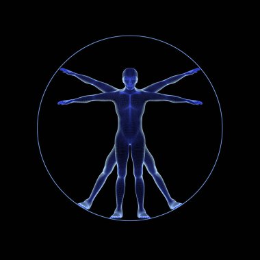 Leonard Da Vinci s anatomi kavramı siyah arka plan üzerine izole sanal adam gibi bir insan figürü. 3D çizim