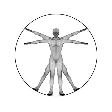 Leonard Da Vinci s anatomi kavramı beyaz arka plan üzerinde izole sanal adam gibi bir insan figürü. 3D çizim