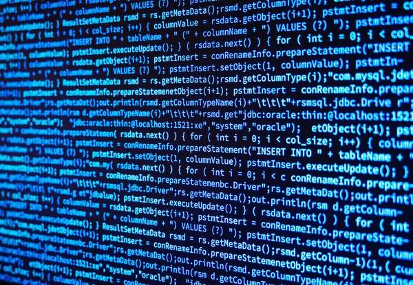 Program source computer data code on monitor screen on blue background ...