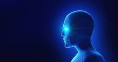 İnsan kafası. Tel kafes model fütüristik teknoloji kavramı, 3d resimde siyah, yapay zeka üzerinde