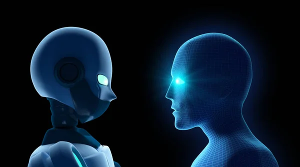 Человек Сражается Роботом Черном Искусственный Интеллект Концепции Футуристических Технологий Иллюстрация — стоковое фото